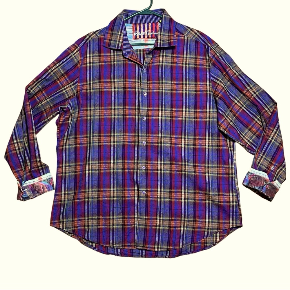 Robert Graham Men’s Classic Fit Flip Cuff Plaid Paisley Button Down Shirt Sz 2XL